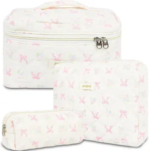 Makeup Bag Travel Cosmetic Bag, 3 PCS Quilted Make Up Bags for Women Makeup Organizer Case, Coquette Makeup Pouch Travel Essentials Toiletries Accessories
