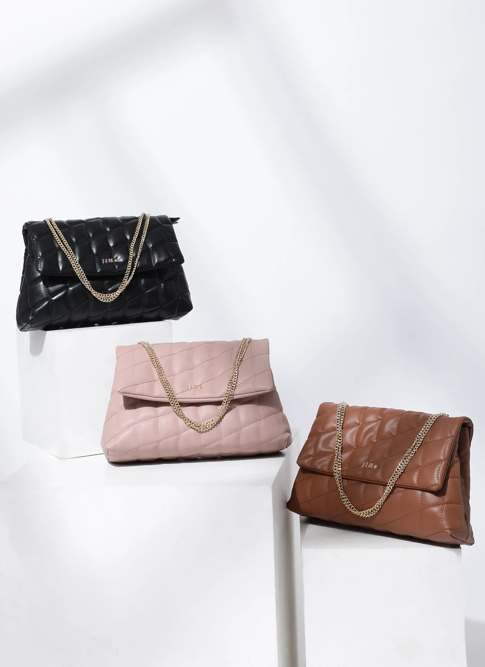 Mauve Pink Quilted Double Chain Shoulder and Sling Bag