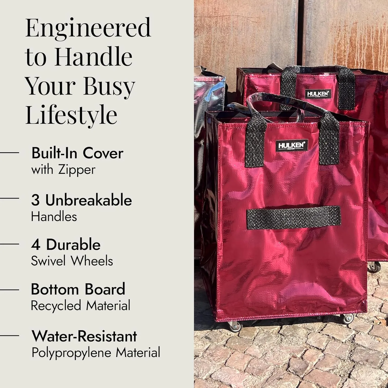 (Medium, Cosmic Red) Reusable Grocery Bag On Wheels, Shopping Trolley, Rolling Tote, Zipper Closure, Lightweight, Carries Up to 66 lb, Folds Flat, Unbreakable Handles
