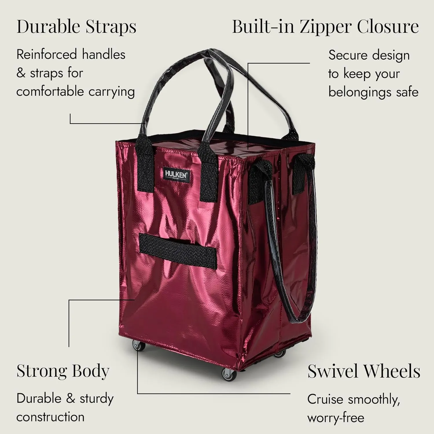 (Medium, Cosmic Red) Reusable Grocery Bag On Wheels, Shopping Trolley, Rolling Tote, Zipper Closure, Lightweight, Carries Up to 66 lb, Folds Flat, Unbreakable Handles