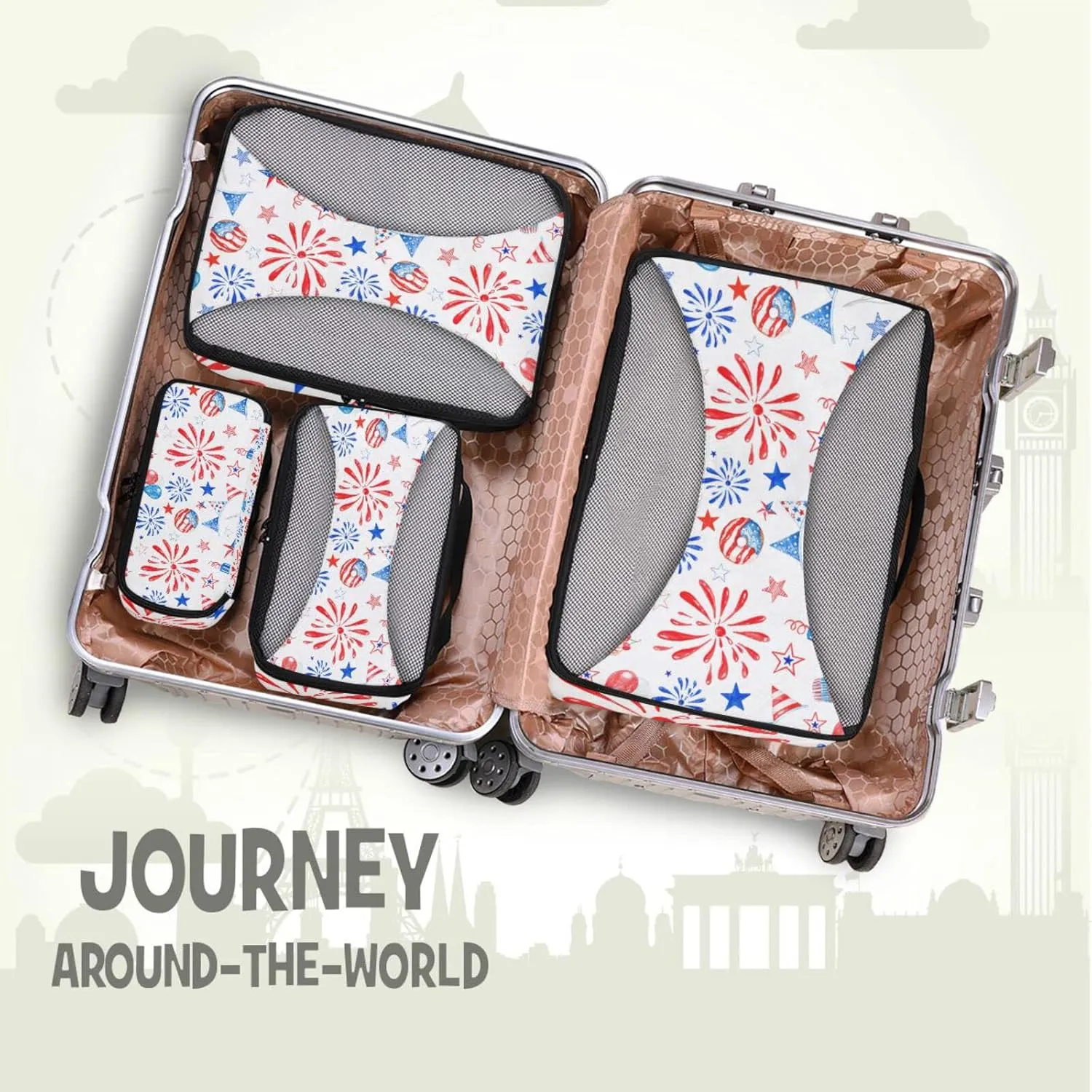 Memorial Day July 4th Red, White, Blue Fireworks, Stars, Balloons 4 PCs Set Packing Bags, Luggage Organizer Bag, Portable Cube Toiletry bag, Durable Travel Cosmetic Storage Bag for Men Women