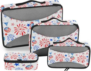 Memorial Day July 4th Red, White, Blue Fireworks, Stars, Balloons 4 PCs Set Packing Bags, Luggage Organizer Bag, Portable Cube Toiletry bag, Durable Travel Cosmetic Storage Bag for Men Women