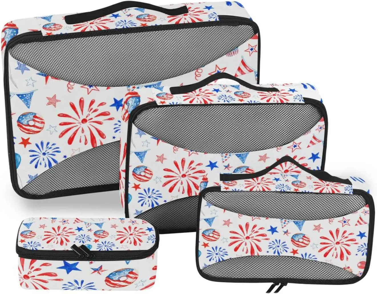 Memorial Day July 4th Red, White, Blue Fireworks, Stars, Balloons 4 PCs Set Packing Bags, Luggage Organizer Bag, Portable Cube Toiletry bag, Durable Travel Cosmetic Storage Bag for Men Women