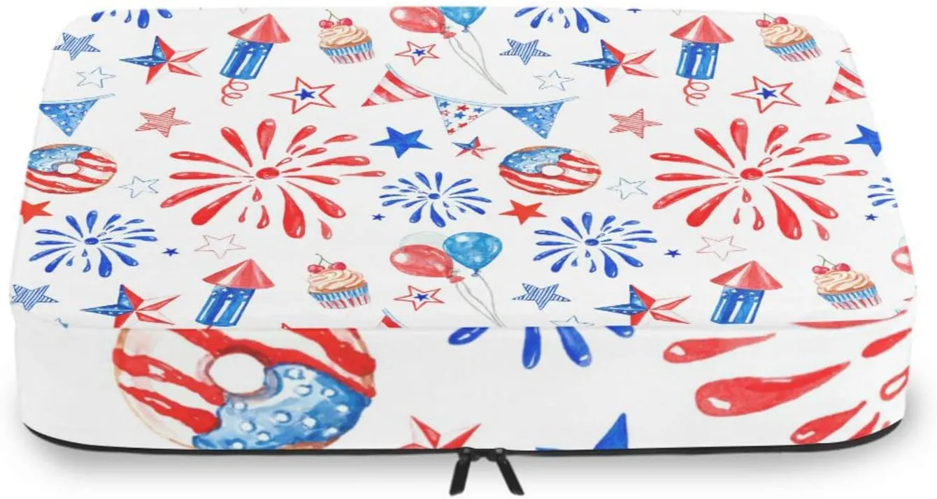 Memorial Day July 4th Red, White, Blue Fireworks, Stars, Balloons 4 PCs Set Packing Bags, Luggage Organizer Bag, Portable Cube Toiletry bag, Durable Travel Cosmetic Storage Bag for Men Women