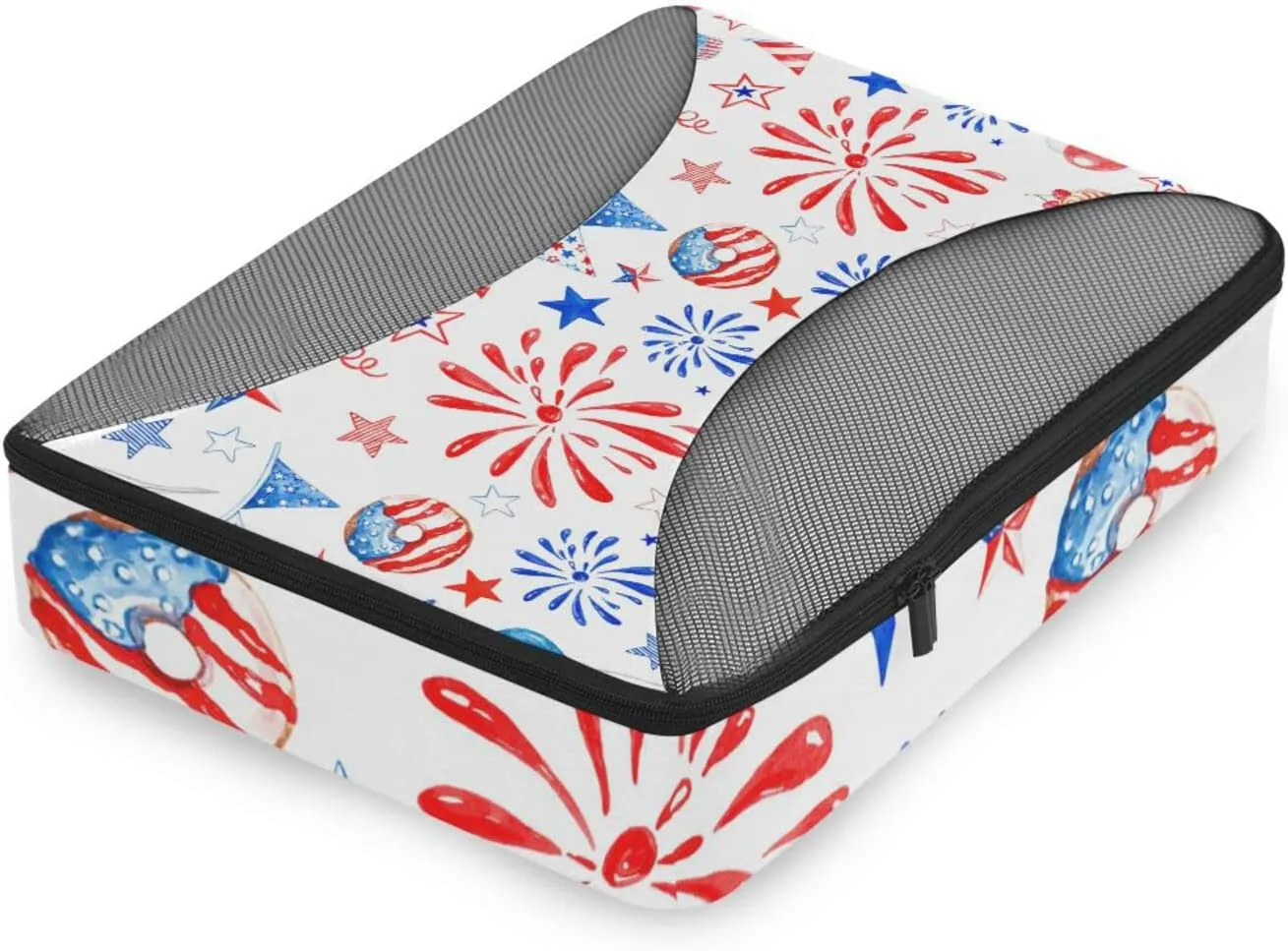 Memorial Day July 4th Red, White, Blue Fireworks, Stars, Balloons 4 PCs Set Packing Bags, Luggage Organizer Bag, Portable Cube Toiletry bag, Durable Travel Cosmetic Storage Bag for Men Women