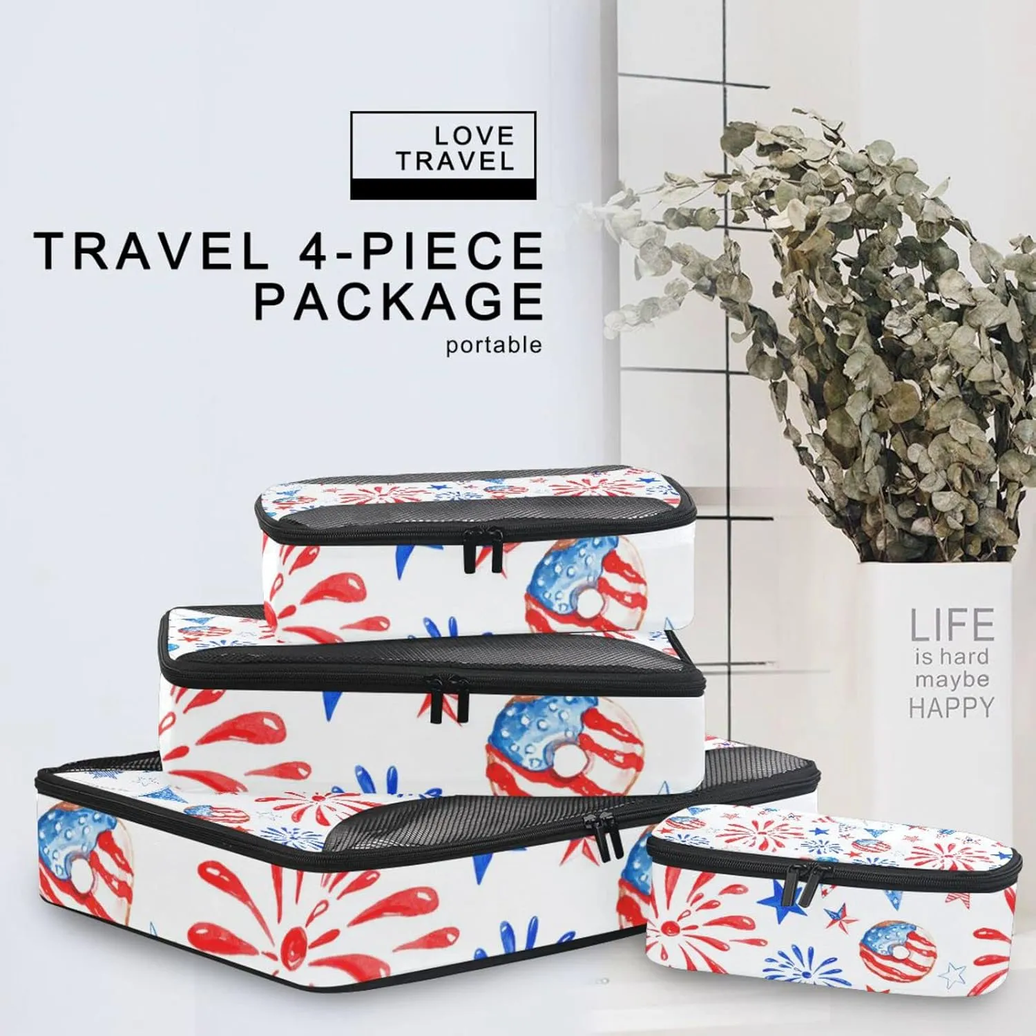 Memorial Day July 4th Red, White, Blue Fireworks, Stars, Balloons 4 PCs Set Packing Bags, Luggage Organizer Bag, Portable Cube Toiletry bag, Durable Travel Cosmetic Storage Bag for Men Women