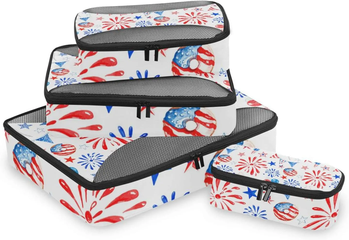 Memorial Day July 4th Red, White, Blue Fireworks, Stars, Balloons 4 PCs Set Packing Bags, Luggage Organizer Bag, Portable Cube Toiletry bag, Durable Travel Cosmetic Storage Bag for Men Women