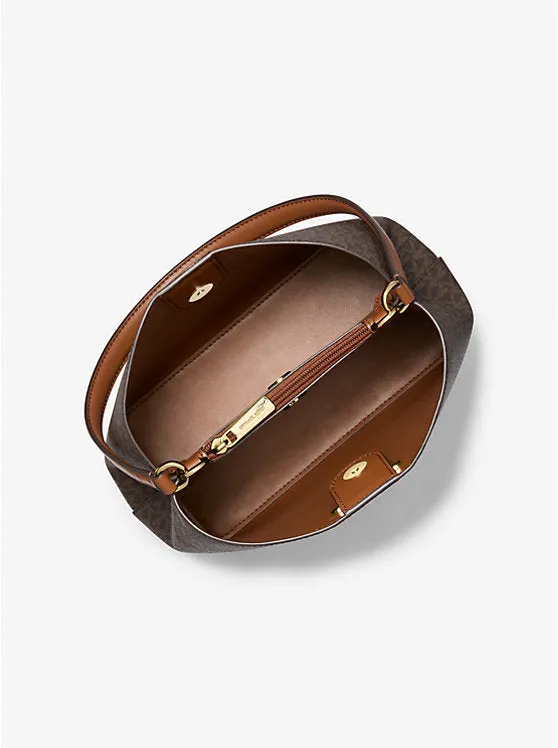 Micheal Kors Pratt Medium Signature Logo and Metallic Shoulder Bag