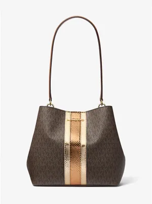 Micheal Kors Pratt Medium Signature Logo and Metallic Shoulder Bag