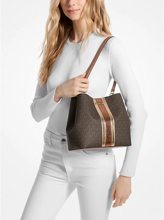 Micheal Kors Pratt Medium Signature Logo and Metallic Shoulder Bag