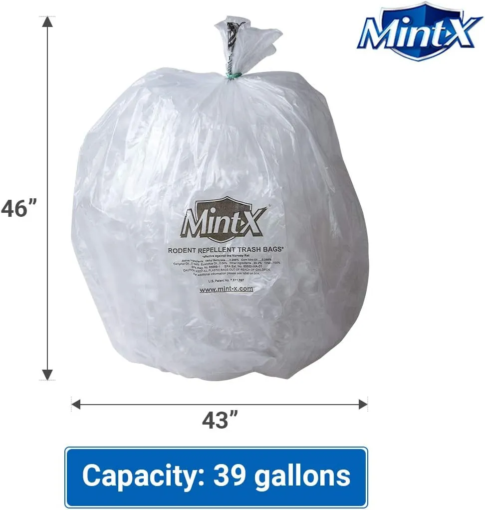 Mint-X Rodent Repellent Trash Bags, 1.3 Mil, Flat Seal, 46" Height x 33" Length, Clear (Pack of 100) (MX3346XHC)