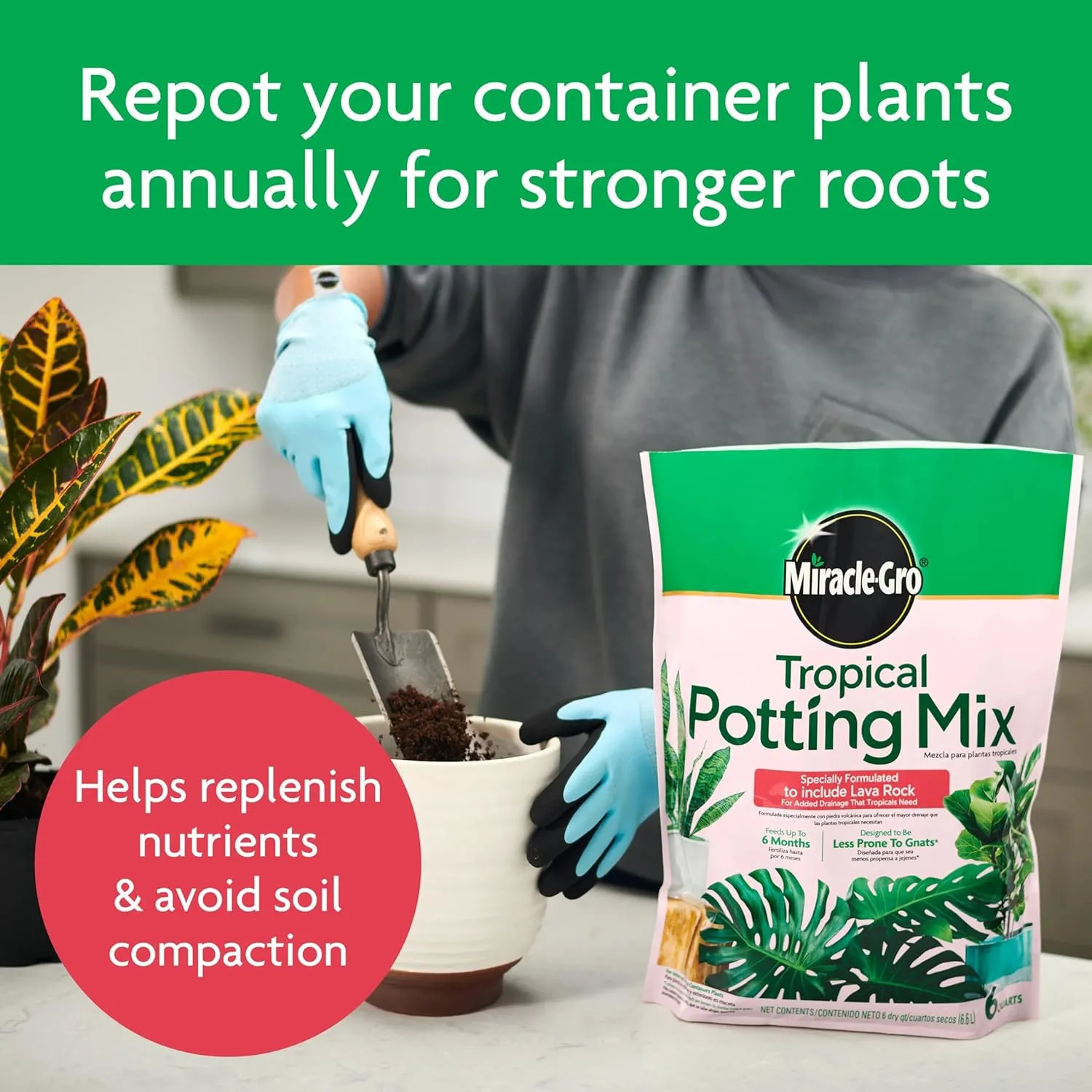 Miracle-Gro Tropical Potting Mix, For Container Plants, Use with Snake Plants, Spider Plants, Pothos, Monstera, 6 qt., 3-Pack