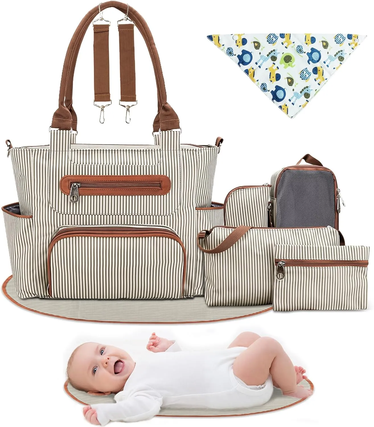 Moclever 8pc Diaper Tote Set, Baby Essentials with Multifunctional Diaper Bags, Bottle & Mesh Bag