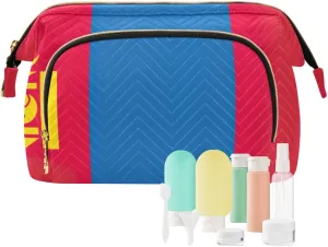 Mongolia Flag Quilted Cosmetic Bag with 9-Piece Accessory Set, Travel Makeup Organizer Case Travel Cosmetic Bag Organizer Bag for Makeup