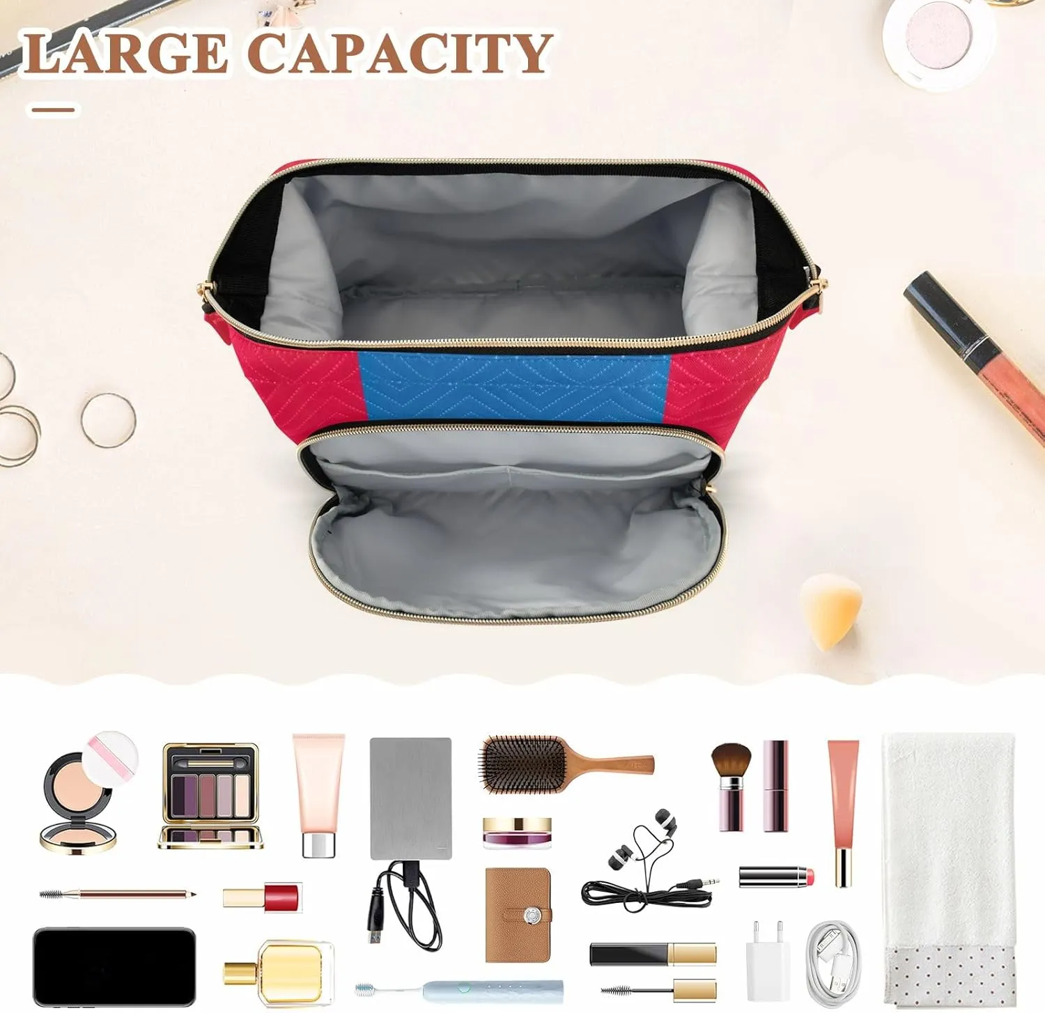Mongolia Flag Quilted Cosmetic Bag with 9-Piece Accessory Set, Travel Makeup Organizer Case Travel Cosmetic Bag Organizer Bag for Makeup
