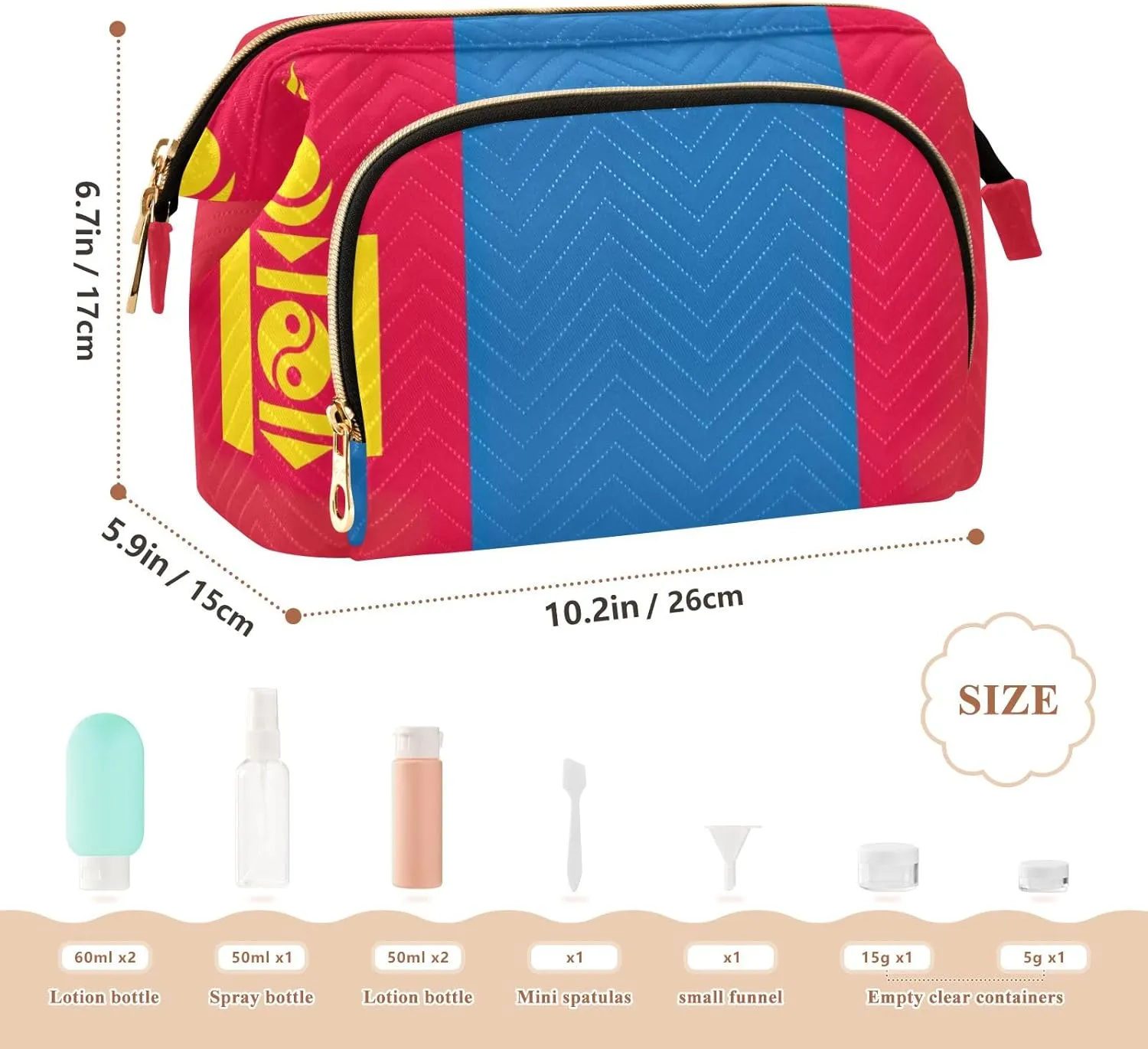 Mongolia Flag Quilted Cosmetic Bag with 9-Piece Accessory Set, Travel Makeup Organizer Case Travel Cosmetic Bag Organizer Bag for Makeup