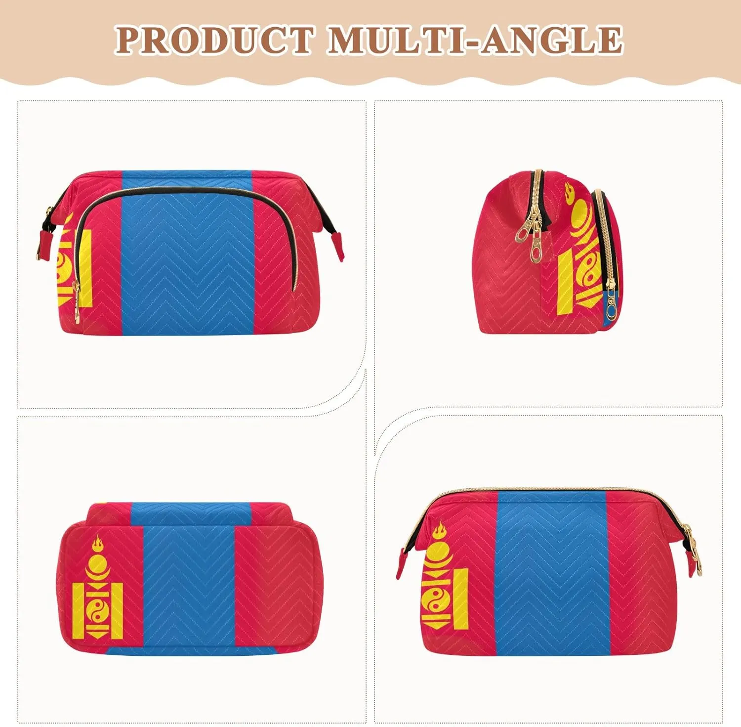 Mongolia Flag Quilted Cosmetic Bag with 9-Piece Accessory Set, Travel Makeup Organizer Case Travel Cosmetic Bag Organizer Bag for Makeup