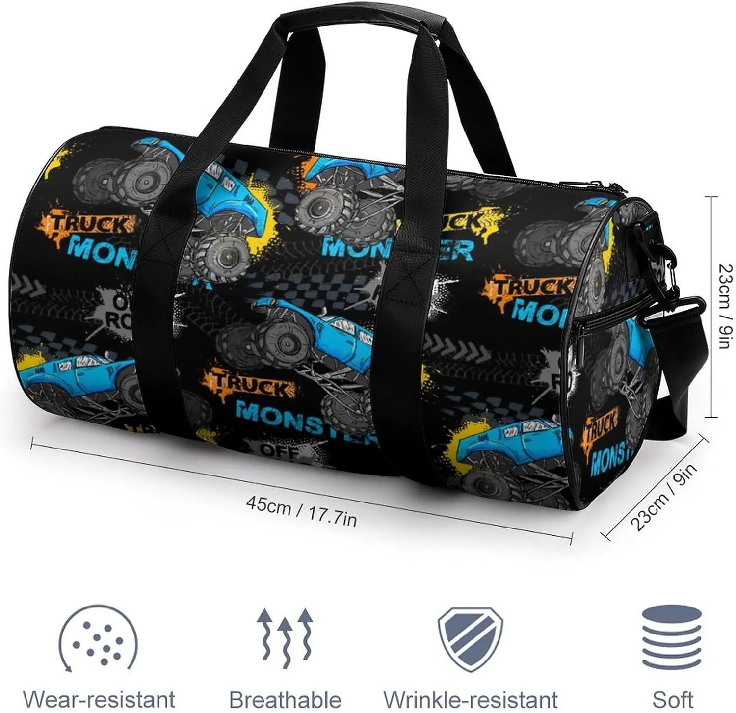 Monster Truck Cars Duffelbag Utility Bag Cylindrical Duffelbags Picnic Bags Gym Satchel Travel Handbag Overnighter Duffles 17.7in/9in/9in