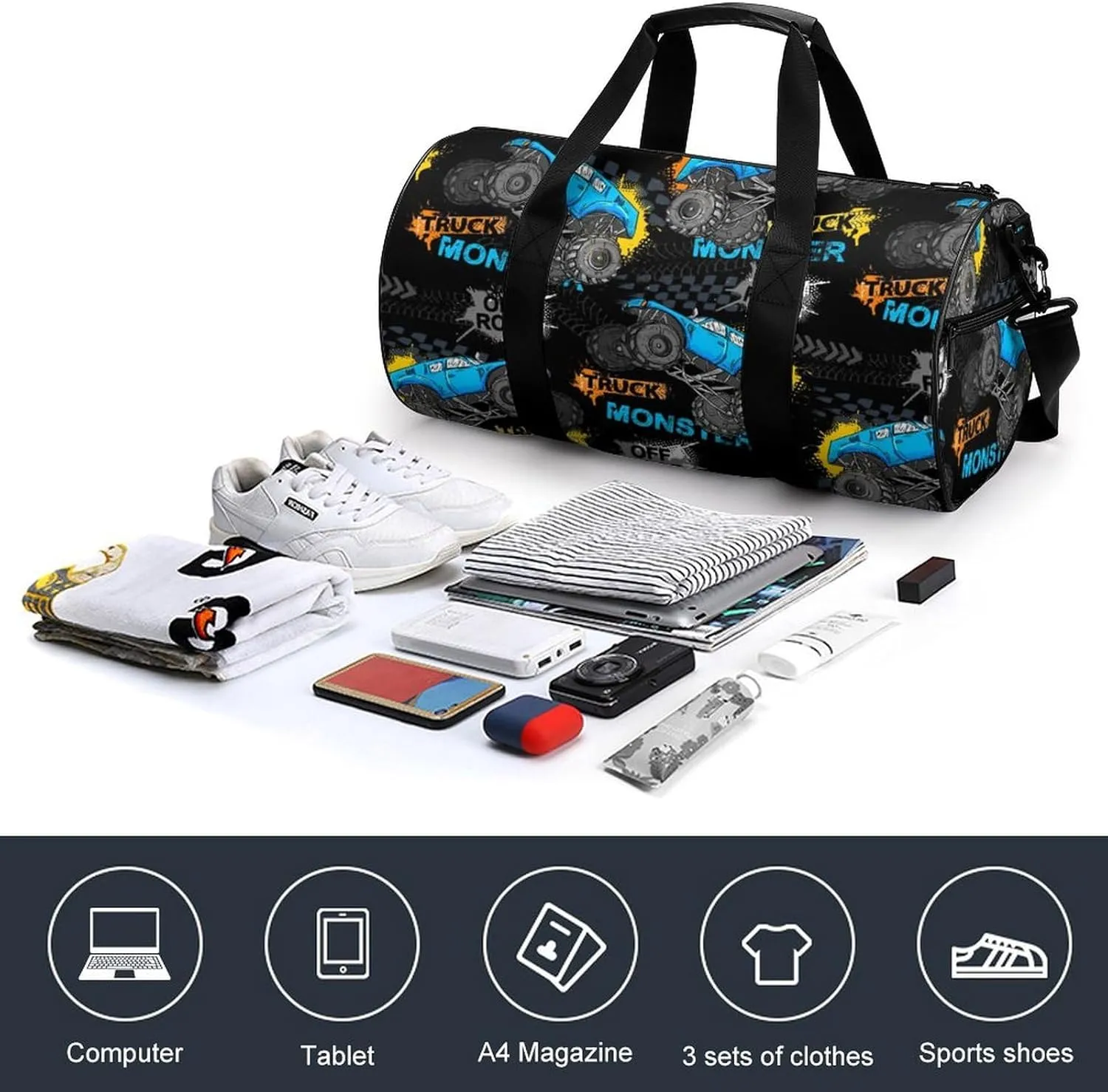 Monster Truck Cars Duffelbag Utility Bag Cylindrical Duffelbags Picnic Bags Gym Satchel Travel Handbag Overnighter Duffles 17.7in/9in/9in