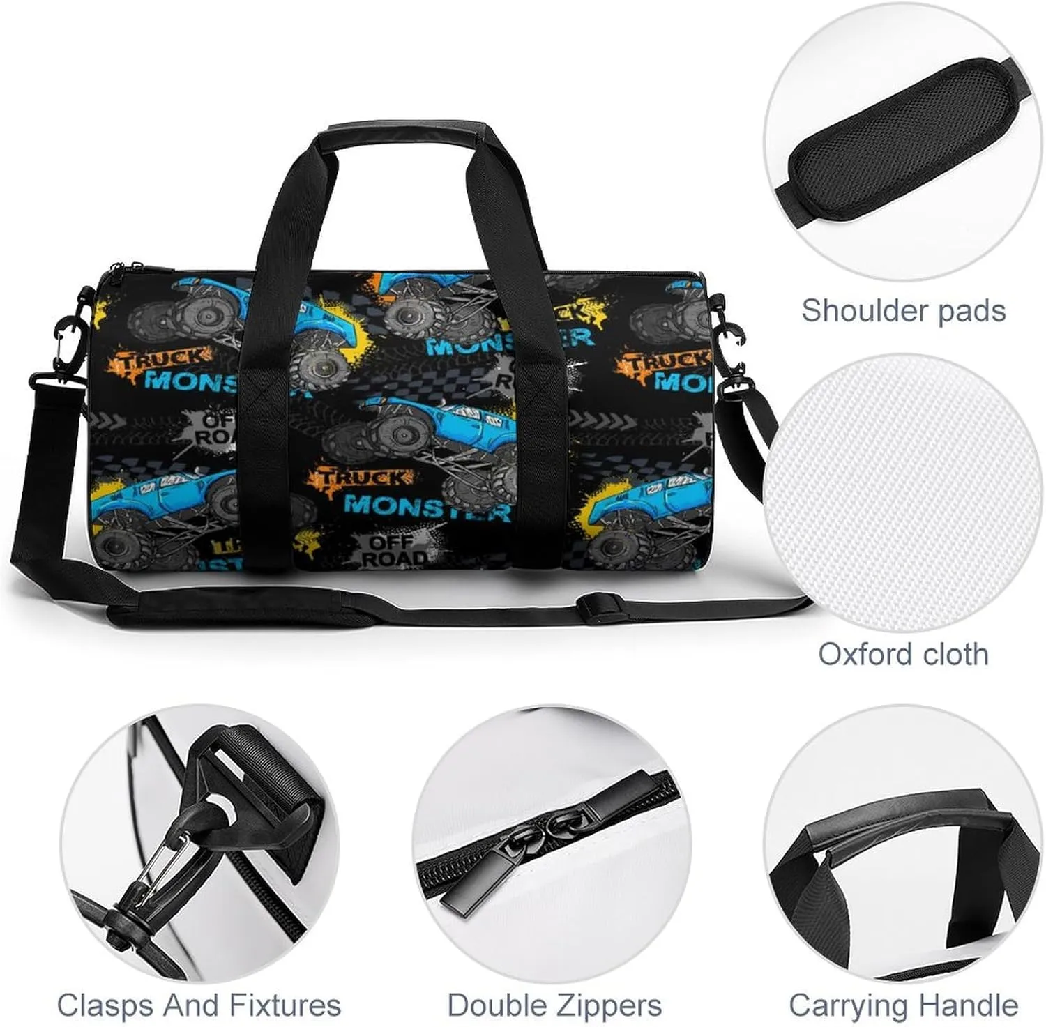 Monster Truck Cars Duffelbag Utility Bag Cylindrical Duffelbags Picnic Bags Gym Satchel Travel Handbag Overnighter Duffles 17.7in/9in/9in