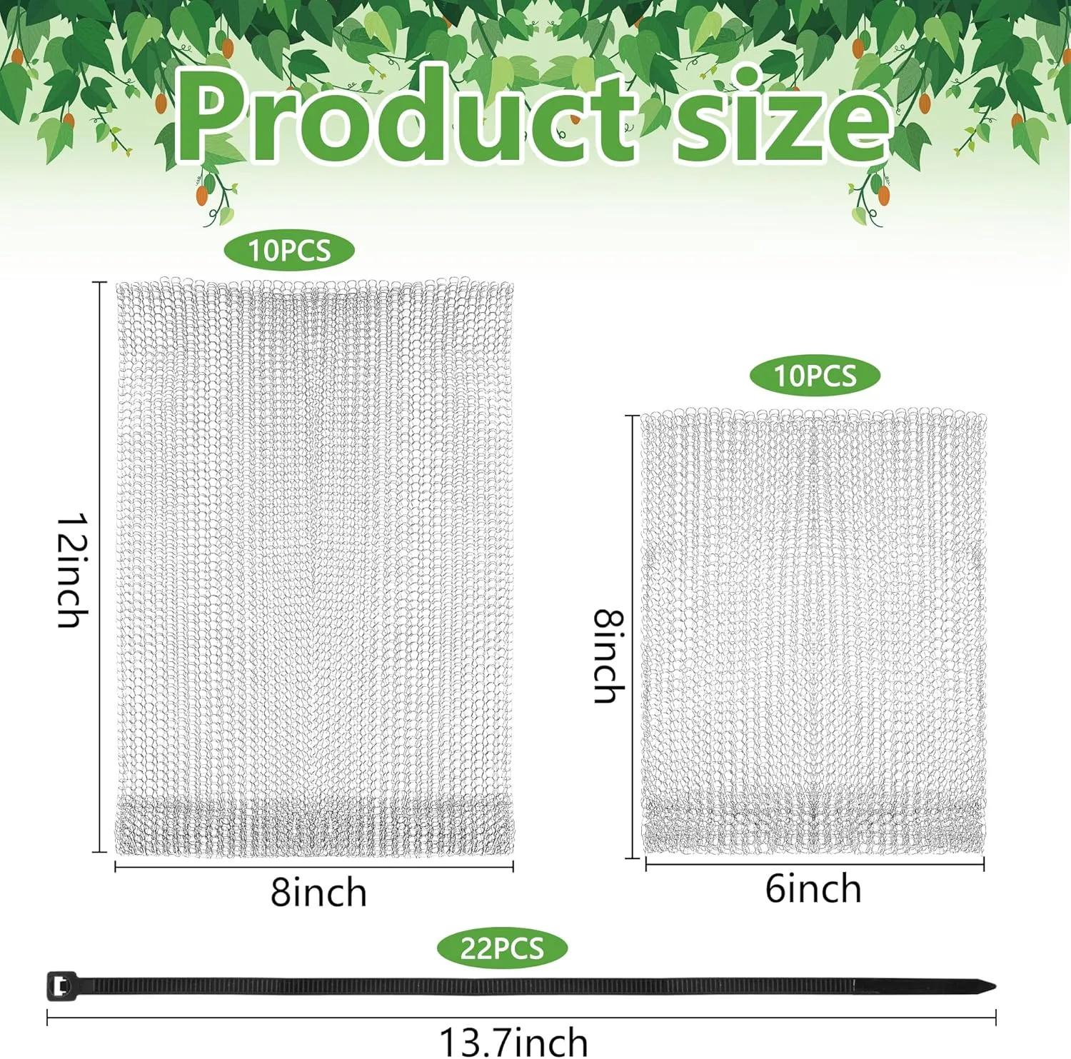 moonoom 20Pcs 8x12 6x8 Inch Stainless Steel Fruit Protection Bag, 2 Sizes Fruit Protection Wire Cover Bag with Zip Tie, Reusable Vegetable Barrier Wire Bags for Protecting Fruits Berries Roots