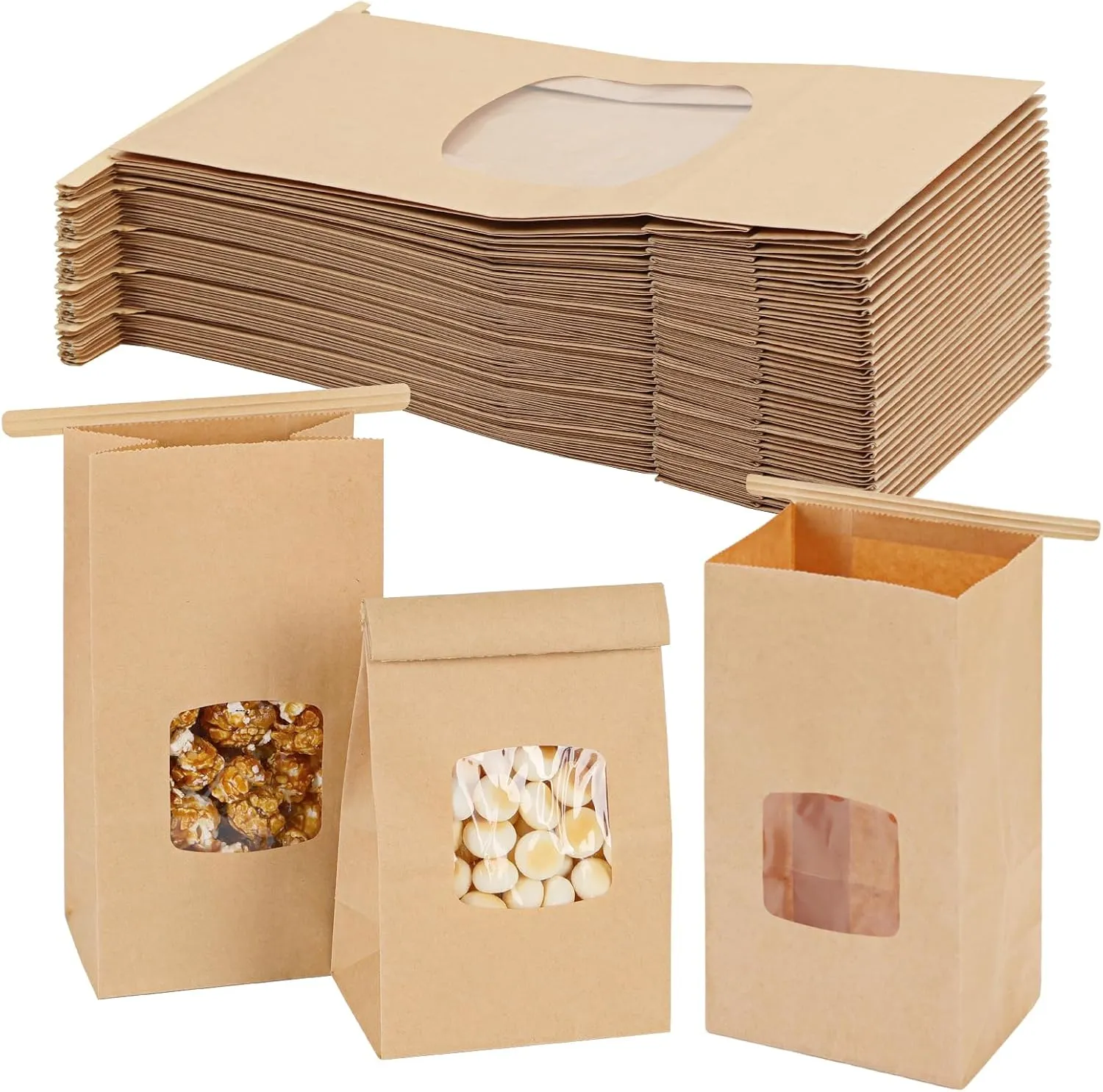 Moretoes 100pcs Small Bakery Cookie Bags with Window, Brown Kraft Paper Bags for Homemade Bread Cookie, 3.54x2.36x6.7in Tin Tie Tab