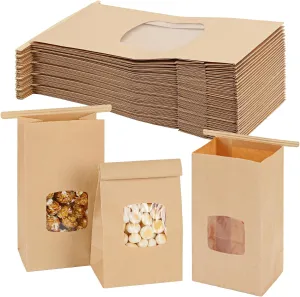 Moretoes 100pcs Small Bakery Cookie Bags with Window, Brown Kraft Paper Bags for Homemade Bread Cookie, 3.54x2.36x6.7in Tin Tie Tab