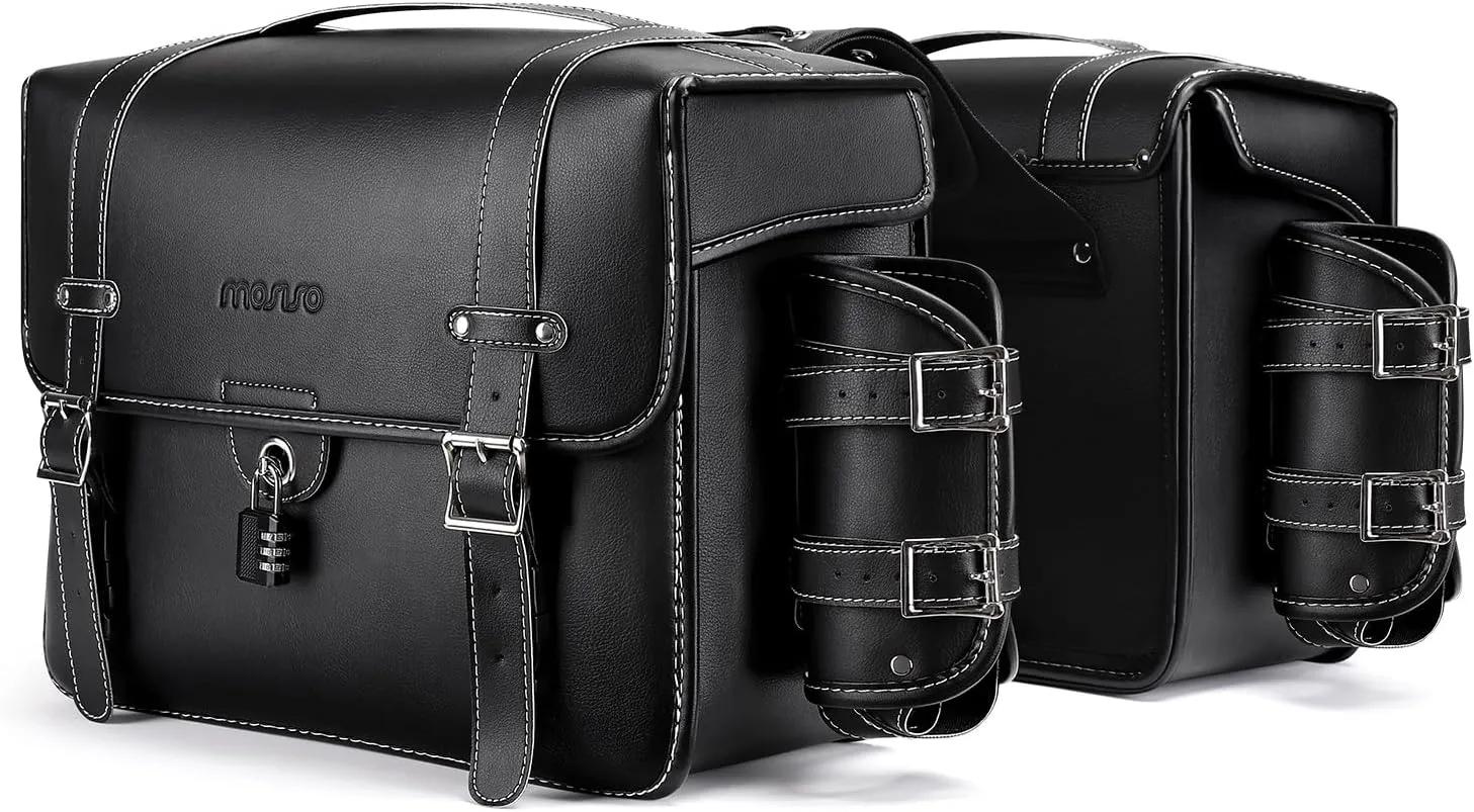 MOSISO Motorcycle Saddlebags, 2 Pack 20L Large Capacity Motorbike Panniers Bags with Lock, PU Leather Outdoor Motorcycle Luggage Bag Waterproof Side Saddle Bags with Removable Bottle Holder, Black
