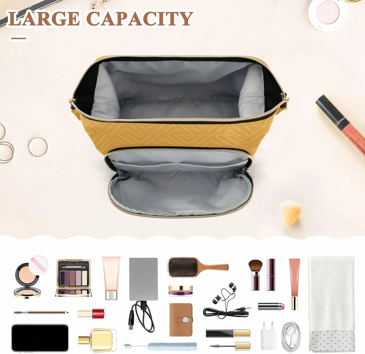 Mustard Yellow Makeup Bag Travel Toiletry Bag Make Up Bags Cosmetic Bag Pouch Large Makeup Case Box Bag Organizer Skincare Bag for Women Men Purse Adults Trip Sports Toiletries