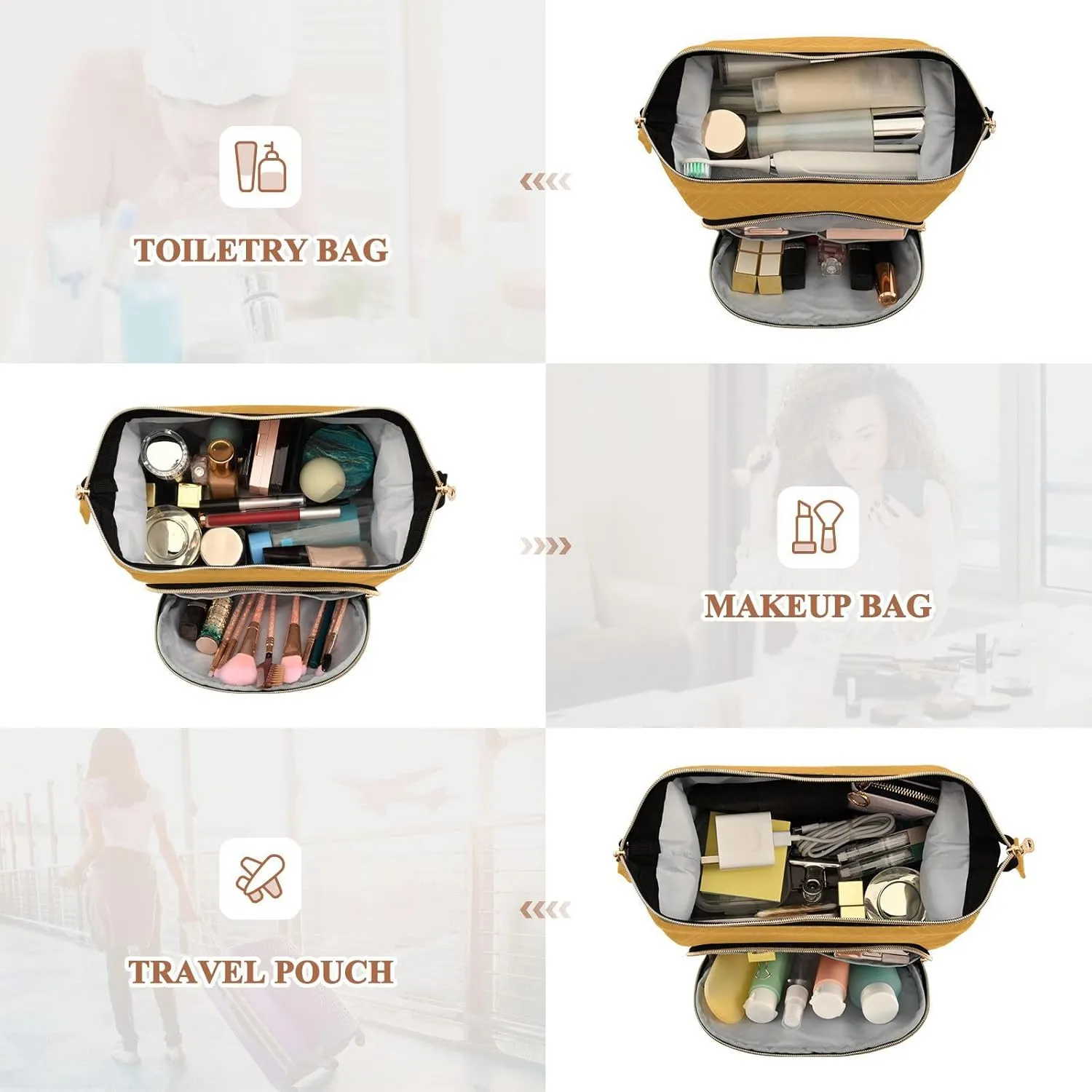 Mustard Yellow Makeup Bag Travel Toiletry Bag Make Up Bags Cosmetic Bag Pouch Large Makeup Case Box Bag Organizer Skincare Bag for Women Men Purse Adults Trip Sports Toiletries