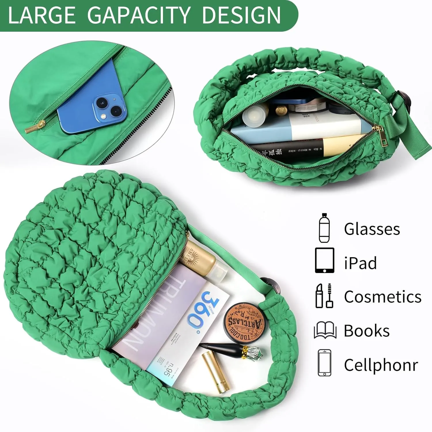 NAARIIAN Puffer bag Lightweight Quilted Tote Bags Puffy shoulder bag for Women Crossbody purse Padded handbag