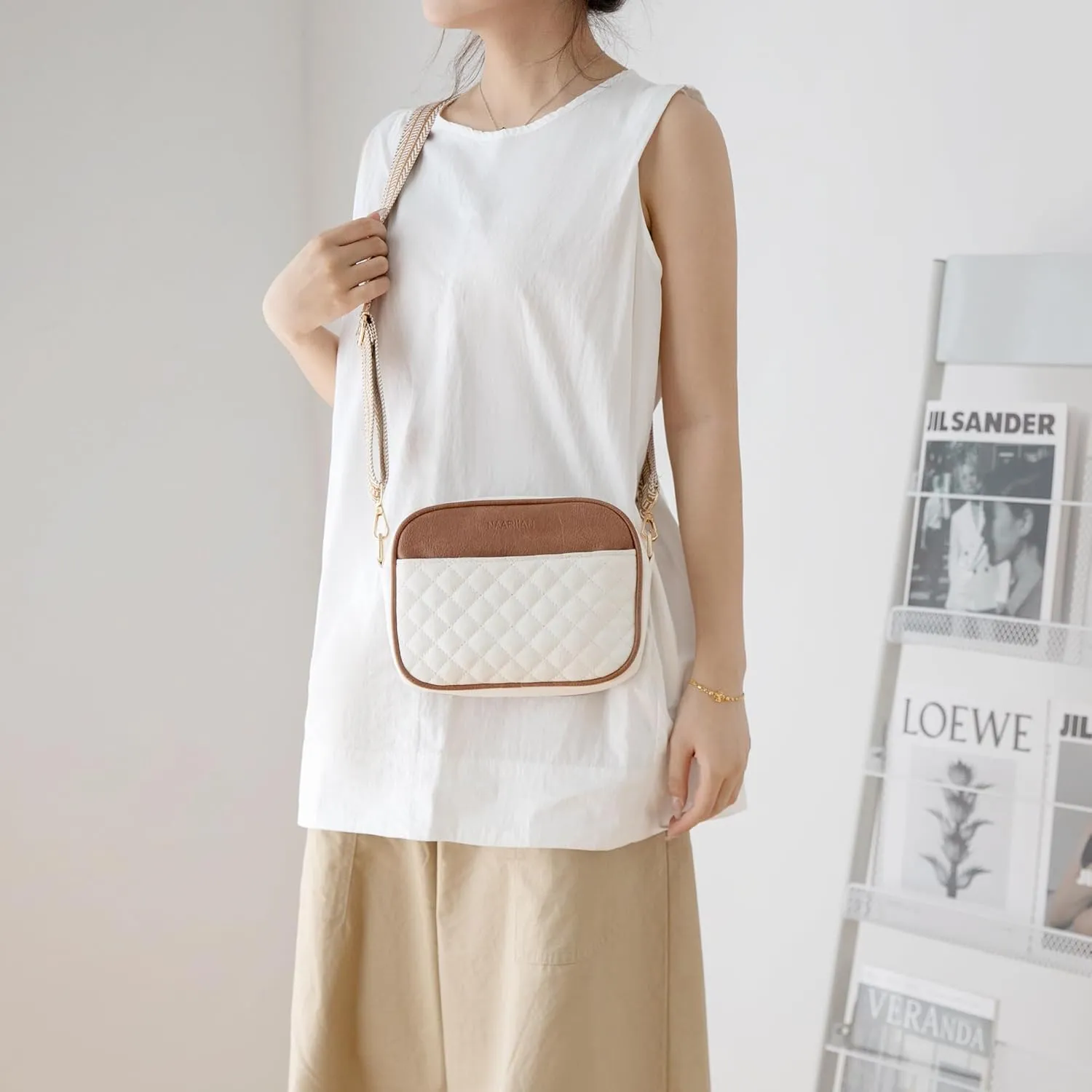 NAARIIAN Quilted Crossbody Bags for Women Vegan Leather PU Purses Small Shoulder Handbags with Adjustable Wide Jacquard Strap