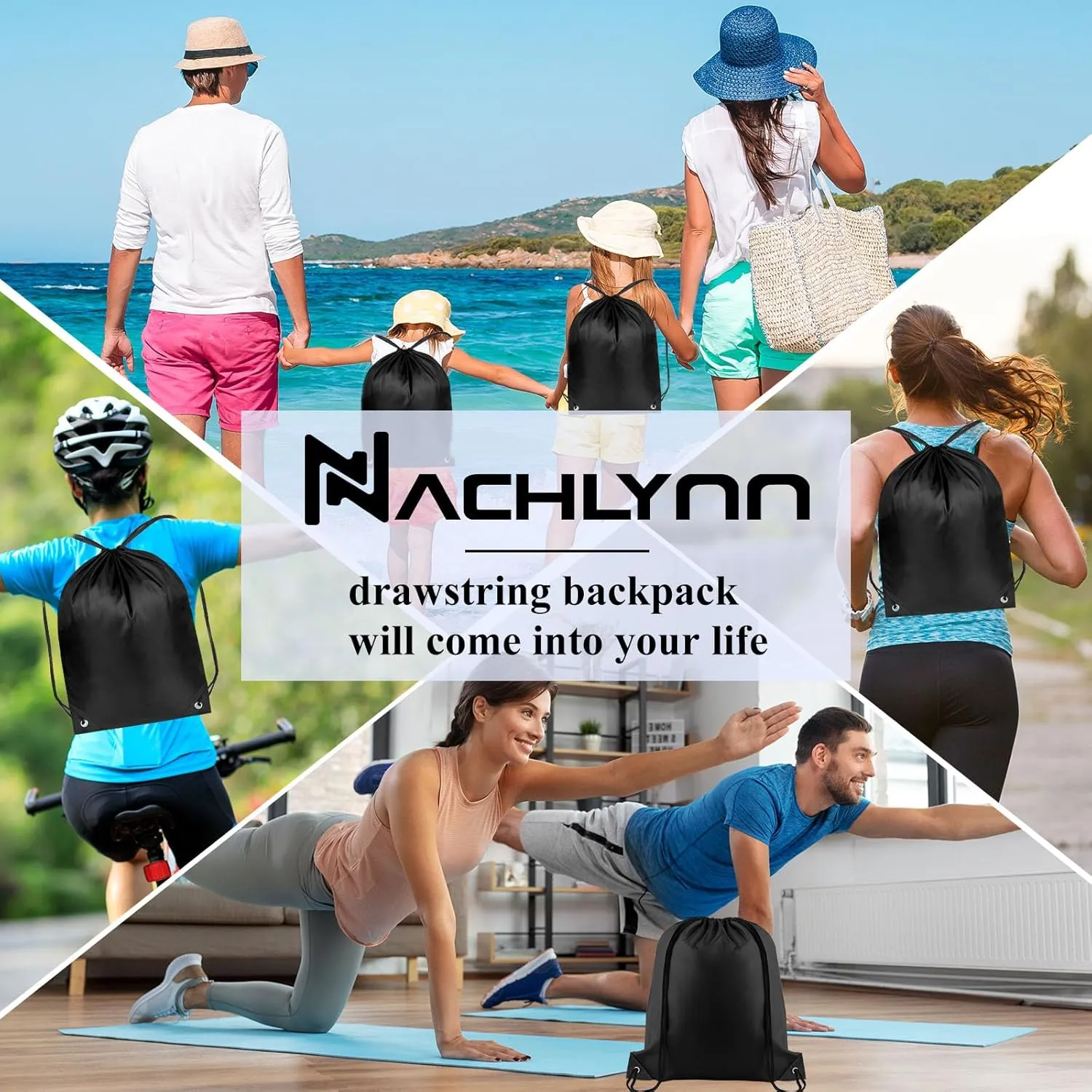 NACHLYNN Black Drawstring Backpack Bulk 12 Pieces DIY Drawstring Bags Sports Bag Nylon Draw String Sport Bag Tote Sackpack for Boys Girls Women Men Gym Sport Trip