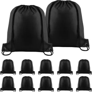 NACHLYNN Black Drawstring Backpack Bulk 12 Pieces DIY Drawstring Bags Sports Bag Nylon Draw String Sport Bag Tote Sackpack for Boys Girls Women Men Gym Sport Trip