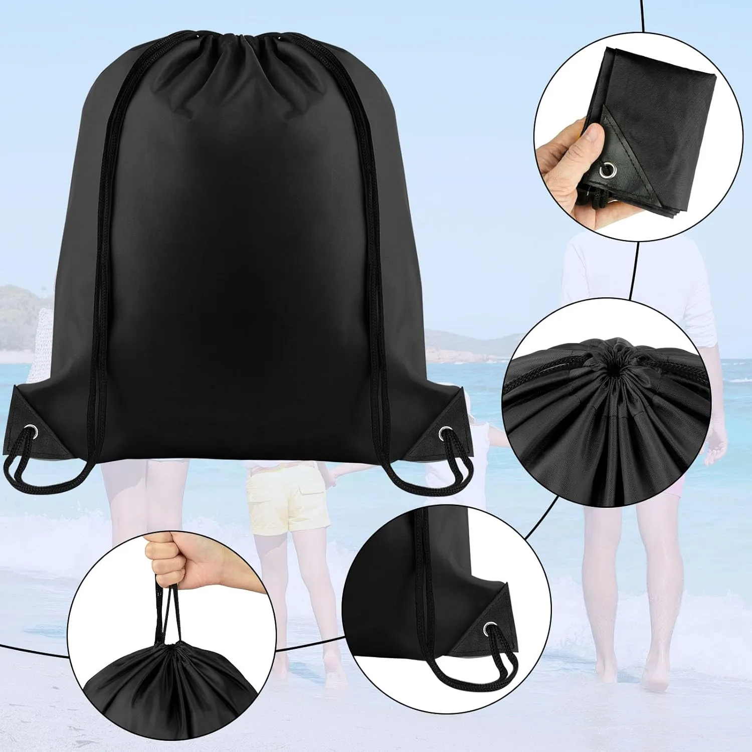 NACHLYNN Black Drawstring Backpack Bulk 12 Pieces DIY Drawstring Bags Sports Bag Nylon Draw String Sport Bag Tote Sackpack for Boys Girls Women Men Gym Sport Trip