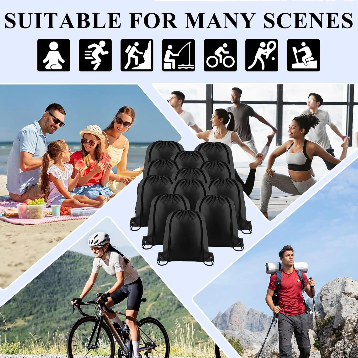 NACHLYNN Black Drawstring Backpack Bulk 12 Pieces DIY Drawstring Bags Sports Bag Nylon Draw String Sport Bag Tote Sackpack for Boys Girls Women Men Gym Sport Trip