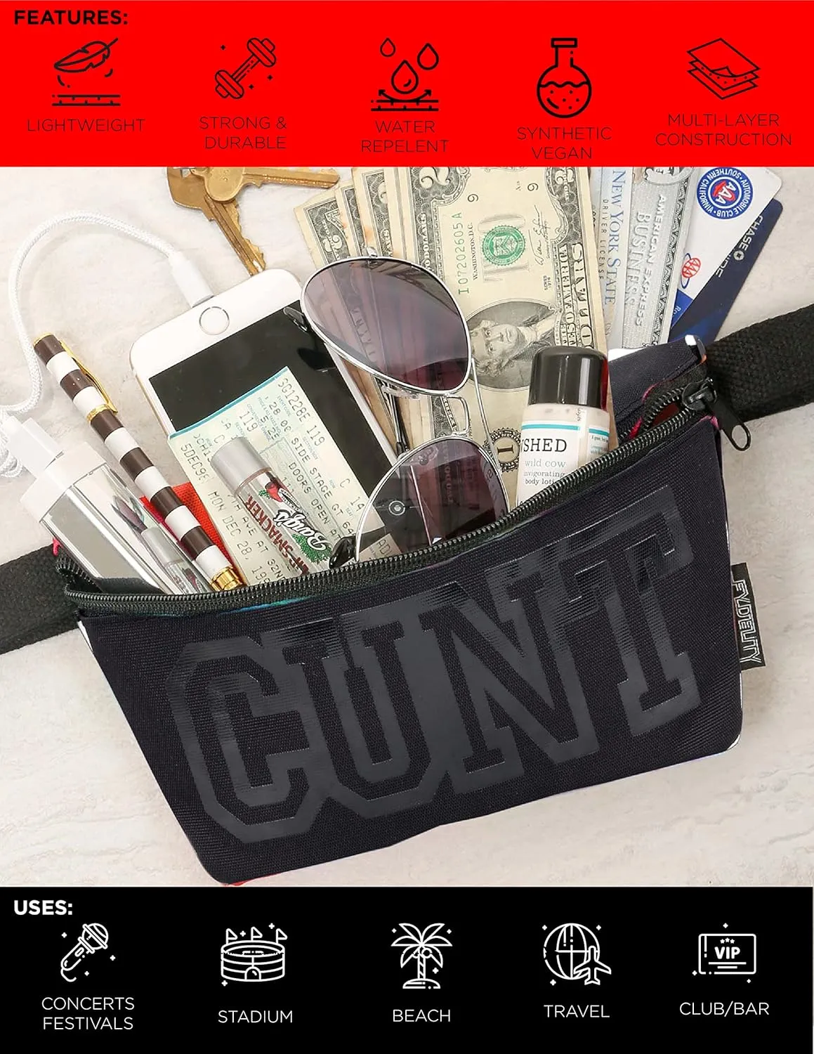 NC-17 90s Black Fanny Pack Crossbody Bags for Women Festival Bag Small Fanny Packs for Women Fashionable Concert Rave Accessories Fanny Pack for Men Womens Fashion Waist (83025)