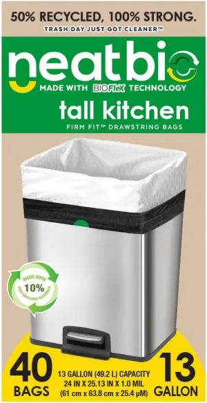 Neat Tall Kitchen 13 Gallon Drawstring Trash Bags - 40 Count - Triple Ply Fortified, Eco-Friendly Garbage Bags