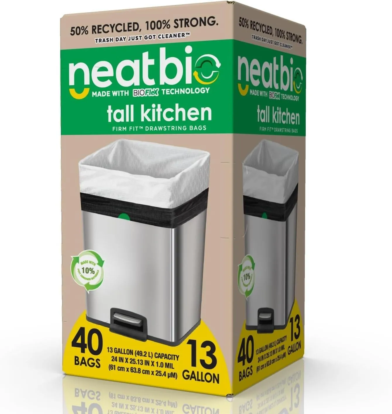 Neat Tall Kitchen 13 Gallon Drawstring Trash Bags - 40 Count - Triple Ply Fortified, Eco-Friendly Garbage Bags