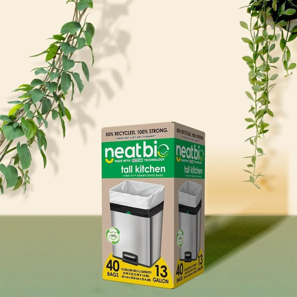 Neat Tall Kitchen 13 Gallon Drawstring Trash Bags - 40 Count - Triple Ply Fortified, Eco-Friendly Garbage Bags
