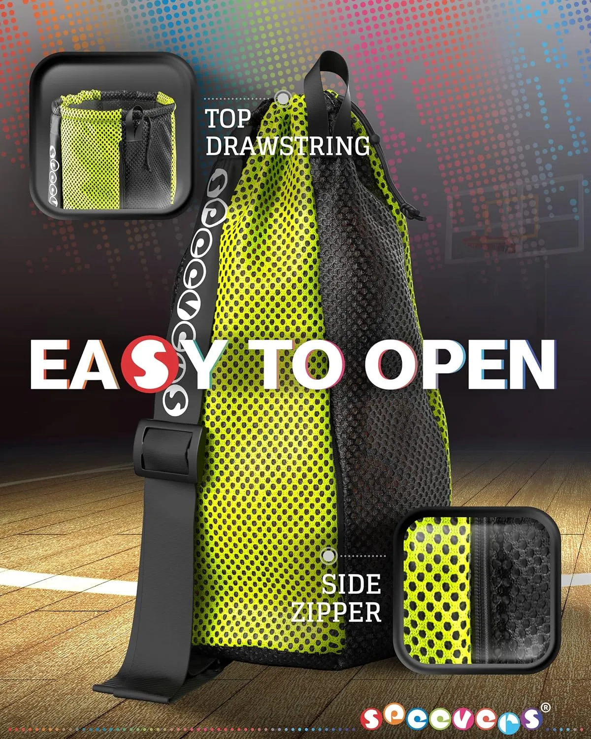 New Mesh Bag for Swimming Gear - 7 Colorful Swimming Bags for Swimmers - Unisex Swim Mesh Bag for Men Women - 35L Mesh Drawstring Backpack with Handle (Xbag Light - Black/Yellow)