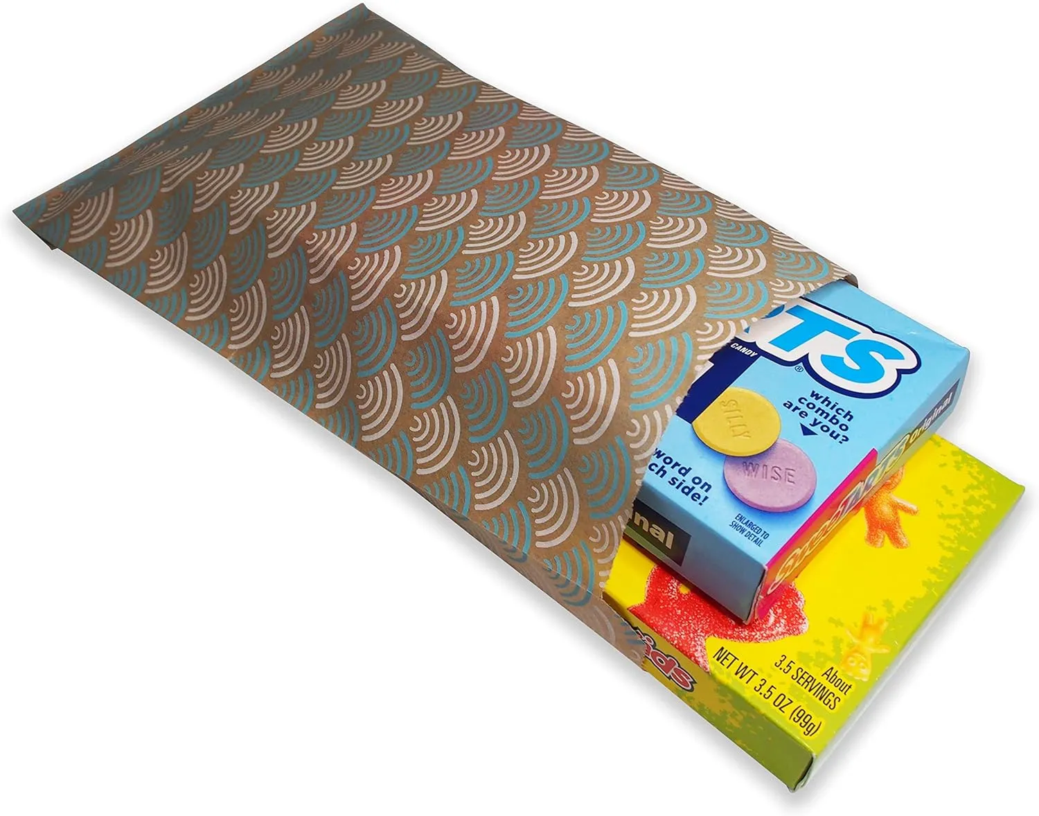 N'icePackaging 200 Qty 6" x 9" Decorative Flat Paper Gift Bags - Baby-Blue Fan Pattern on Brown Kraft Bags - For Sales/Treats/Parties Cookies/Gifts