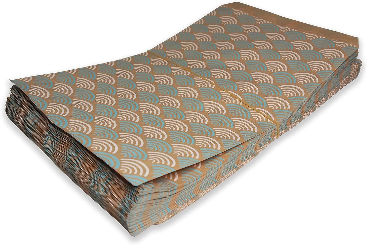 N'icePackaging 200 Qty 6" x 9" Decorative Flat Paper Gift Bags - Baby-Blue Fan Pattern on Brown Kraft Bags - For Sales/Treats/Parties Cookies/Gifts