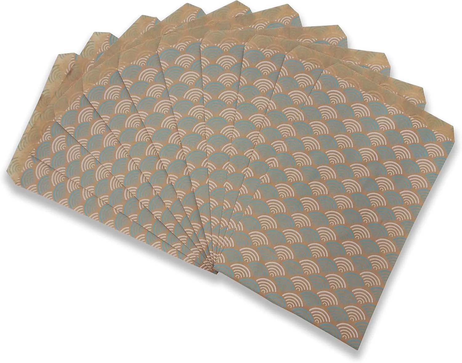 N'icePackaging 200 Qty 6" x 9" Decorative Flat Paper Gift Bags - Baby-Blue Fan Pattern on Brown Kraft Bags - For Sales/Treats/Parties Cookies/Gifts