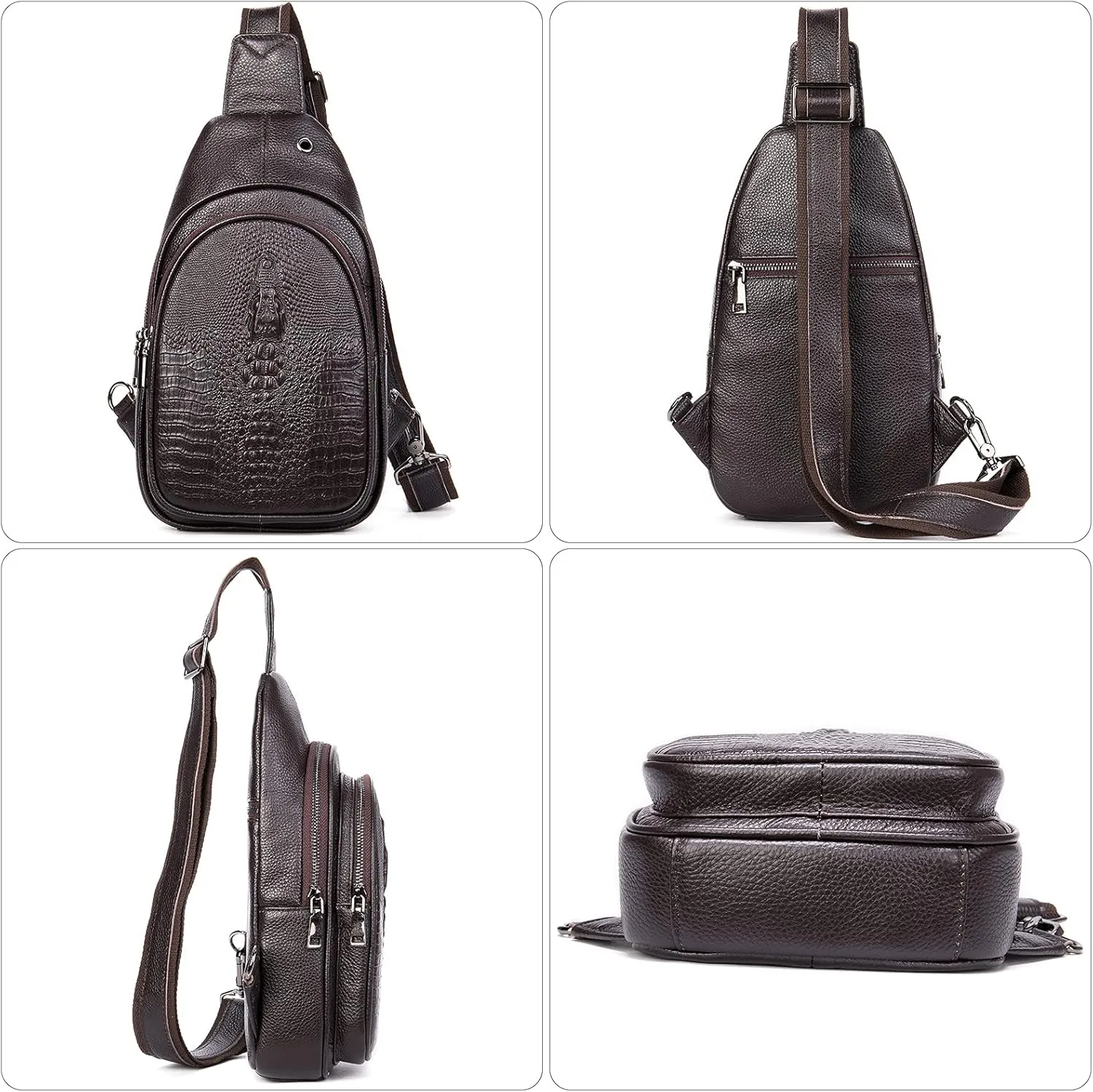 NIUCUNZH Crocodile Leather Sling Bag with Leather Strap, 3 Zipper Crossbody Shoulder Bags for Travel Hike Everyday Carry