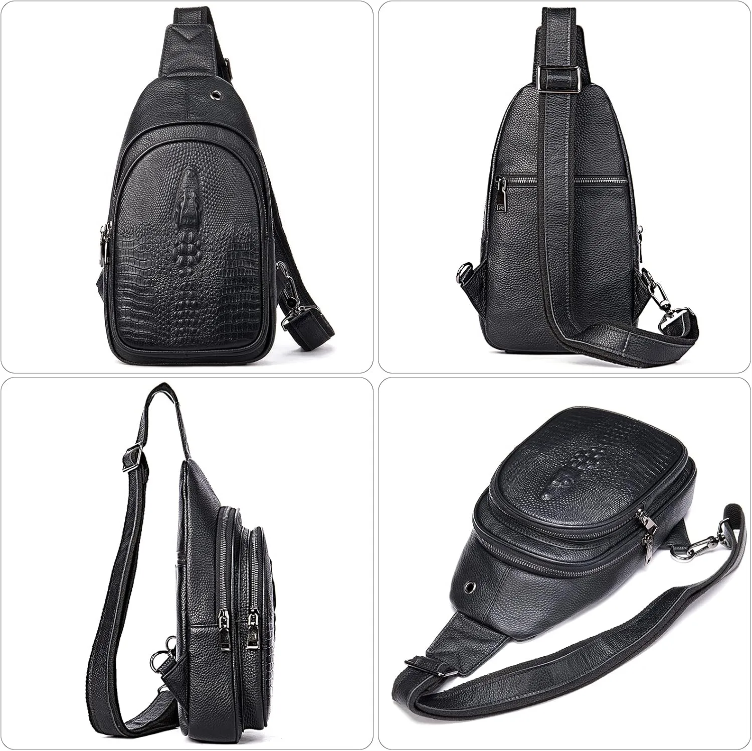 NIUCUNZH Crocodile Leather Sling Bag with Leather Strap, 3 Zipper Crossbody Shoulder Bags for Travel Hike Everyday Carry