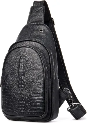 NIUCUNZH Crocodile Leather Sling Bag with Leather Strap, 3 Zipper Crossbody Shoulder Bags for Travel Hike Everyday Carry