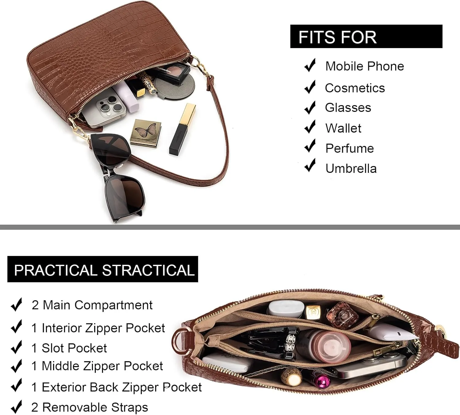 NIUEIMEE ZHOU Small Shoulder bag with 2 Removable Straps Cross Body Clutch Purse Handbag for Women