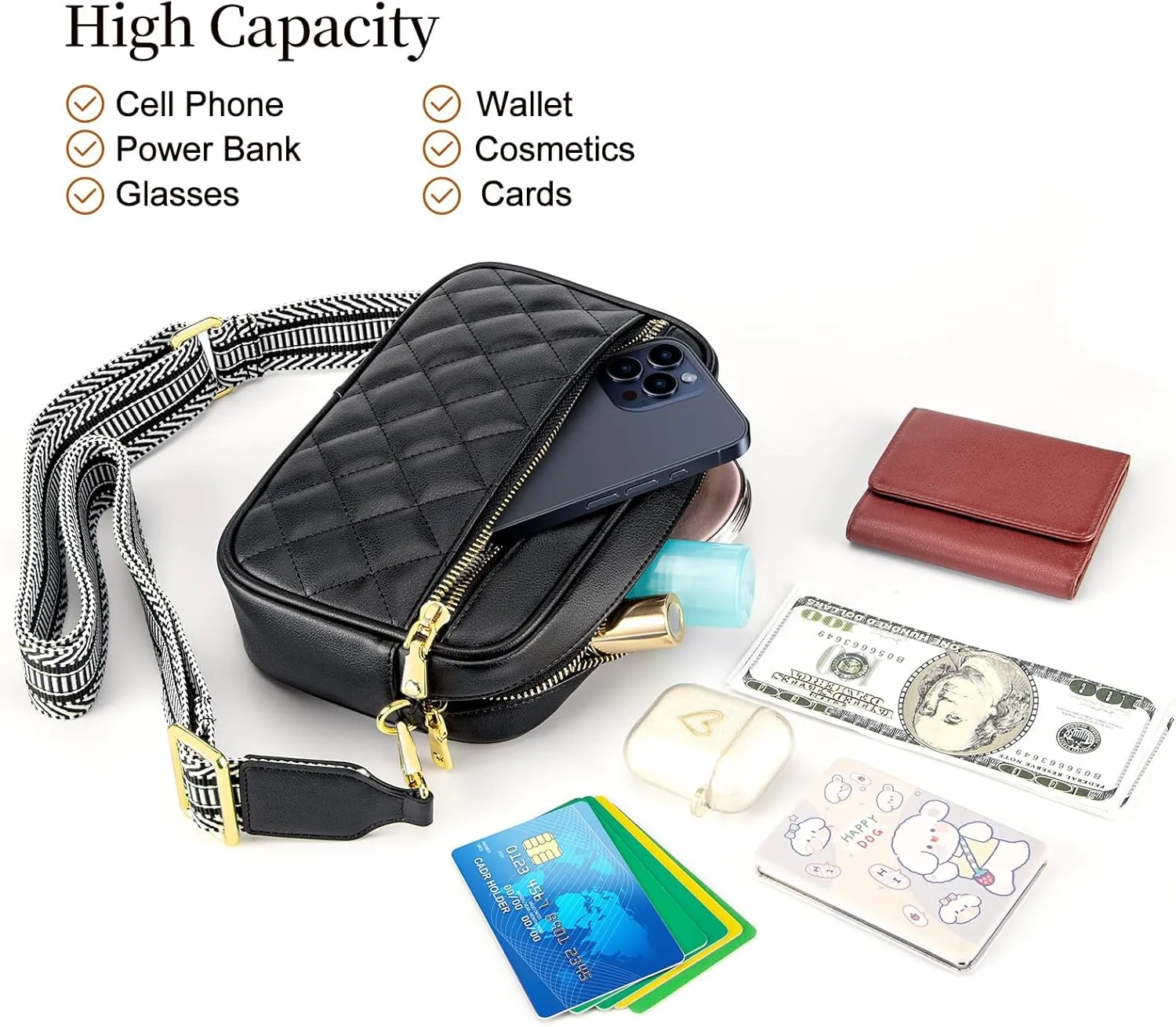 nuoku Quilted Crossbody Bags for Women Wallet Purse with Phone Pocket, Small Travel Purses Anti Theft, Wide Guitar Strap
