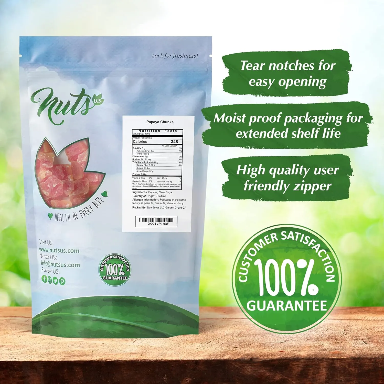 NUTS U.S. - Unsulphured Dried Papaya Chunks | Low Sugar | No Color Added | NON-GMO and Gluten Free | Vegan Snacks | Packed in a Resealable Bag!!! (3 LBS)